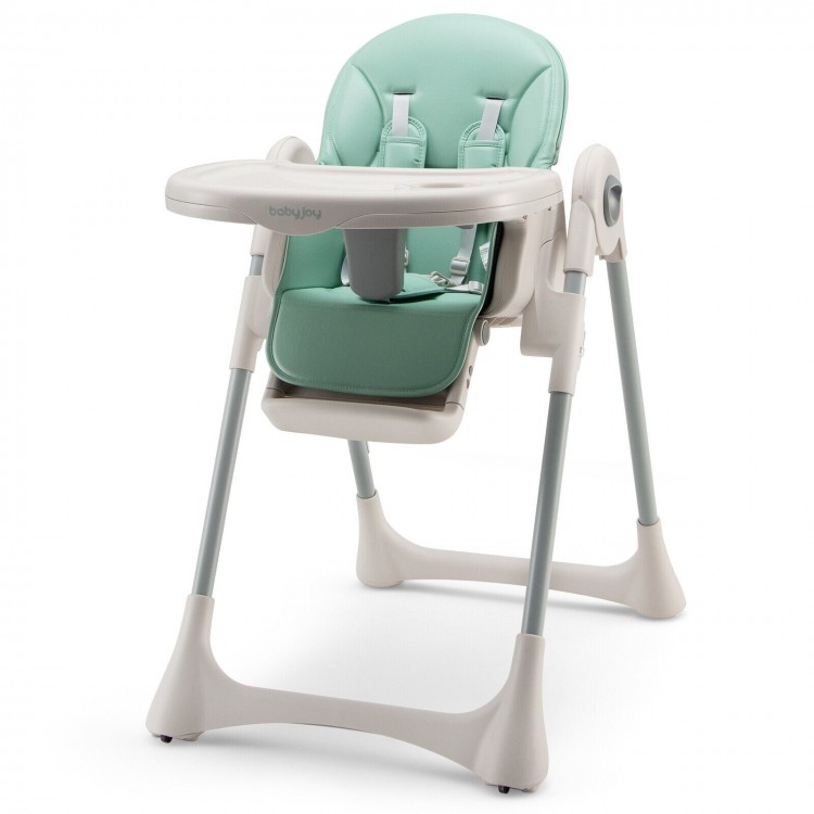 Baby Folding High Chair in green with adjustable height, footrest, and removable trays for versatile dining use.