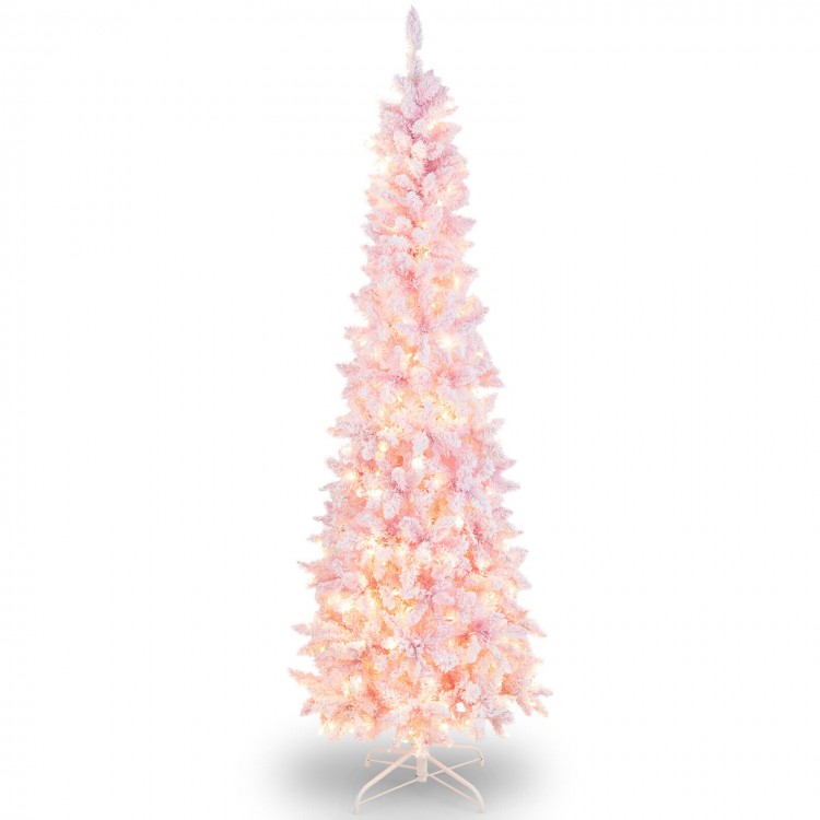 7-foot pre-lit pink pencil Christmas tree with 300 warm white lights, featuring a snow flocked design and hinged.
