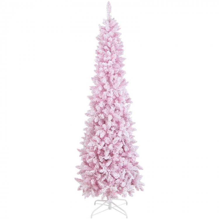 Pink 7-foot pre-lit snow flocked pencil Christmas tree with 300 warm white lights for festive holiday decor.