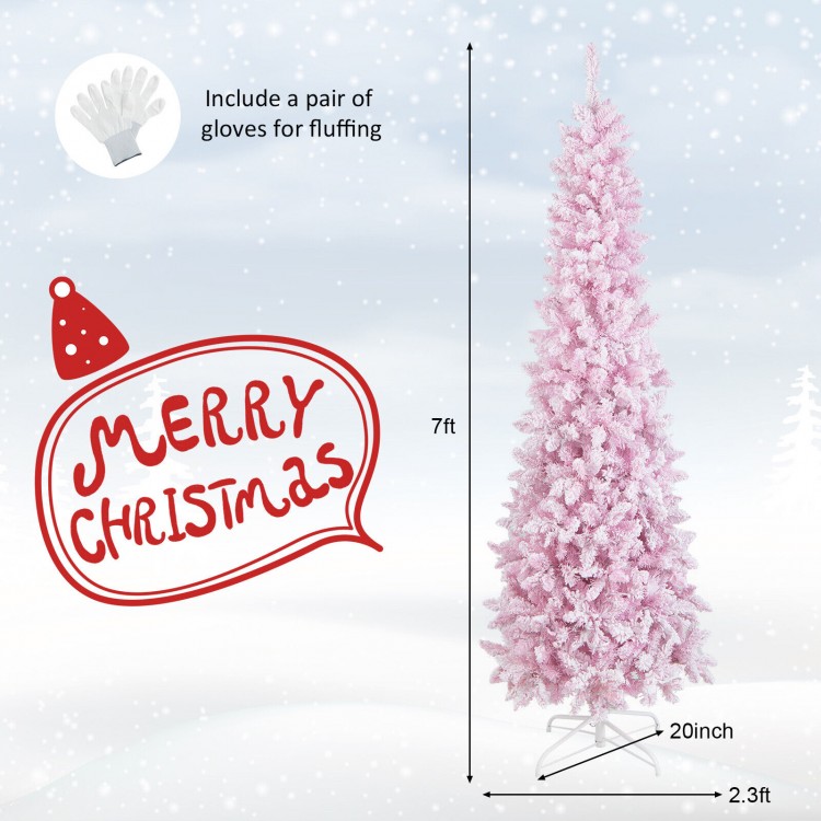 7ft pink pre-lit snow flocked pencil Christmas tree with 300 lights, perfect for corner placement and festive decor.