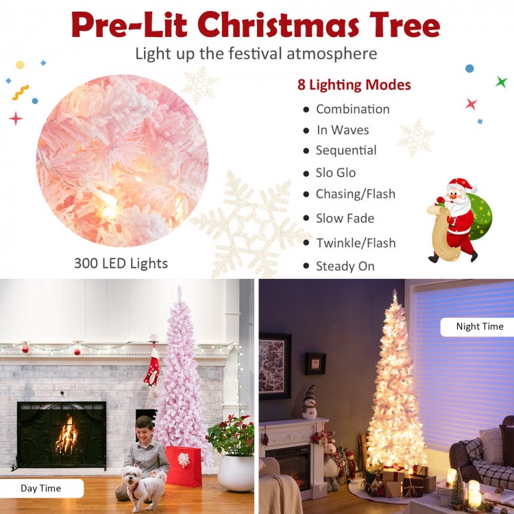7-foot pink pre-lit pencil Christmas tree with 300 LED lights and 8 lighting modes, perfect for festive decor.