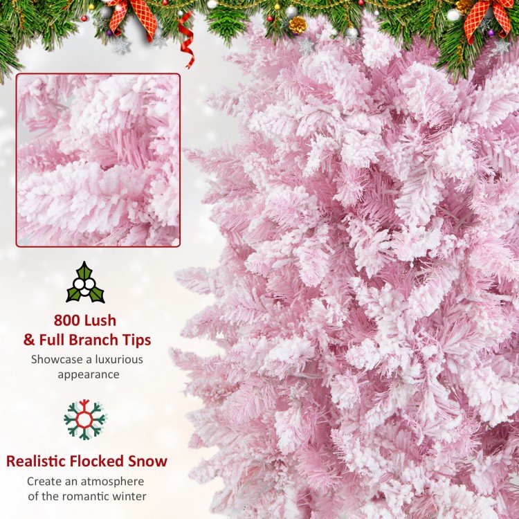 7-foot pink pre-lit snow flocked Christmas tree with 800 branch tips and 300 warm white lights for festive decor.