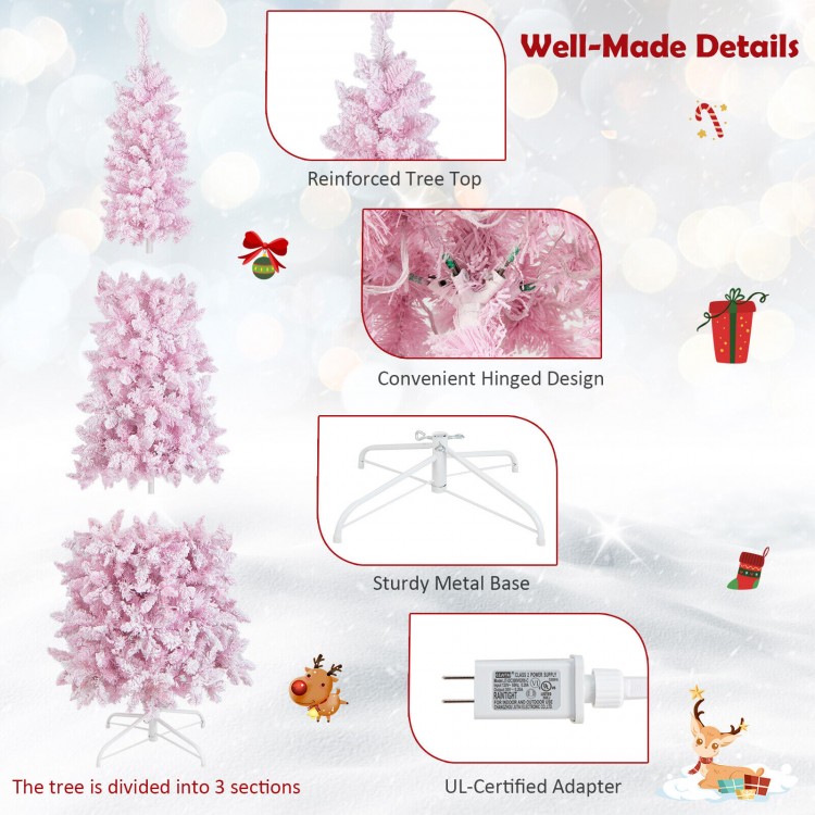 Detailed view of the 7 feet pink pre-lit Christmas tree with hinged design, featuring 300 lights and sturdy metal base.