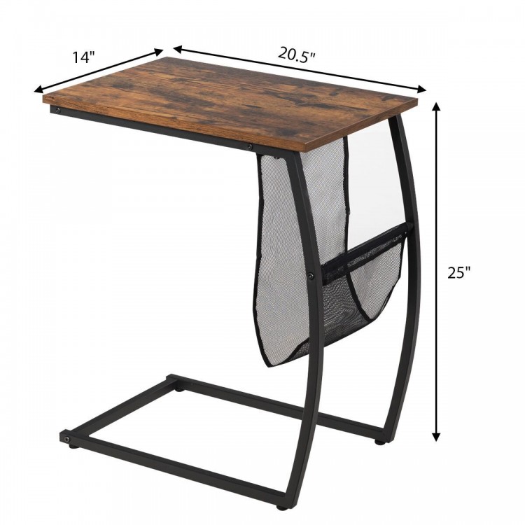 C-shaped vintage end table with a side pocket, engineered wood top, and metal frame, ideal for living room or bedroom.