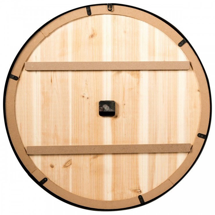Back view of the 27-inch round wooden wall clock showcasing the rustic wood panel and sturdy construction for.