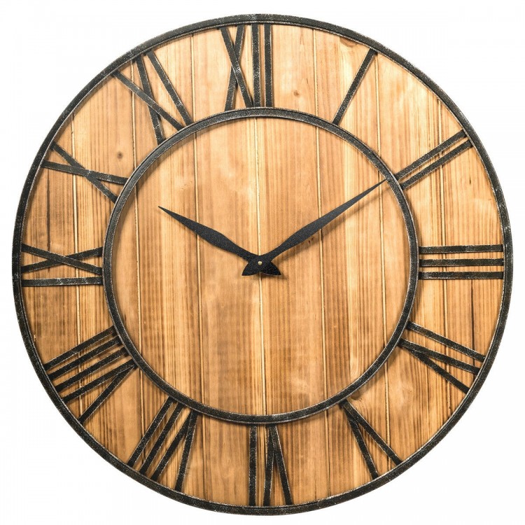 Rustic 27-inch round wall clock with wooden panel and metal Roman numerals, perfect for living room or office decor.
