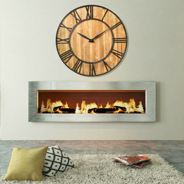 27-inch round wooden wall clock with metal Roman numerals, perfect for living room or office decor.