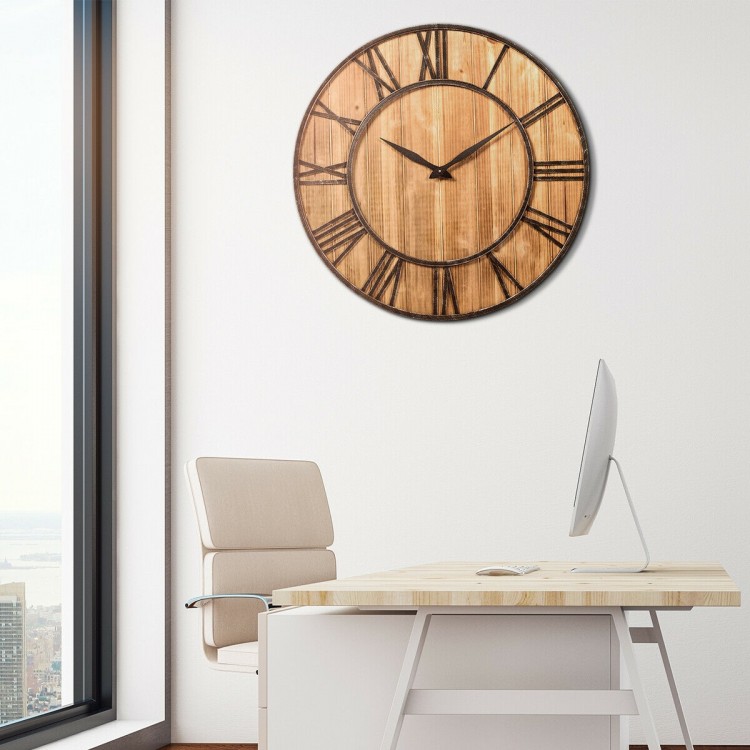 27-inch round decorative wooden wall clock with metal Roman numerals, perfect for office or living room decor.