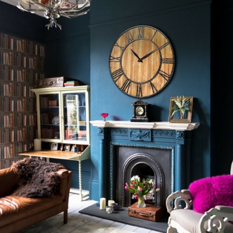 27-inch round decorative wooden wall clock with metal Roman numerals, perfect for living room or office decor.
