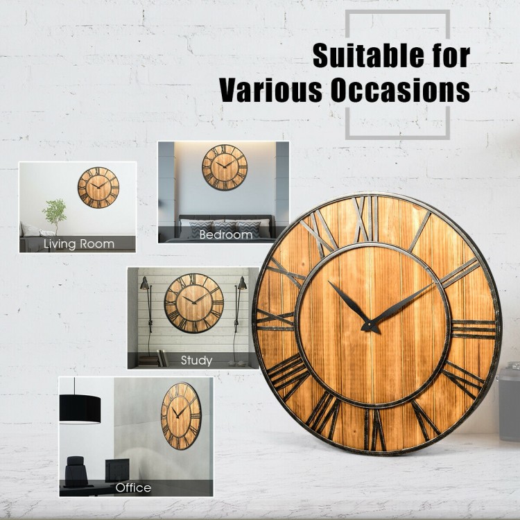 27-inch round decorative wooden wall clock with metal Roman numbers, perfect for living room, office, or bedroom use.