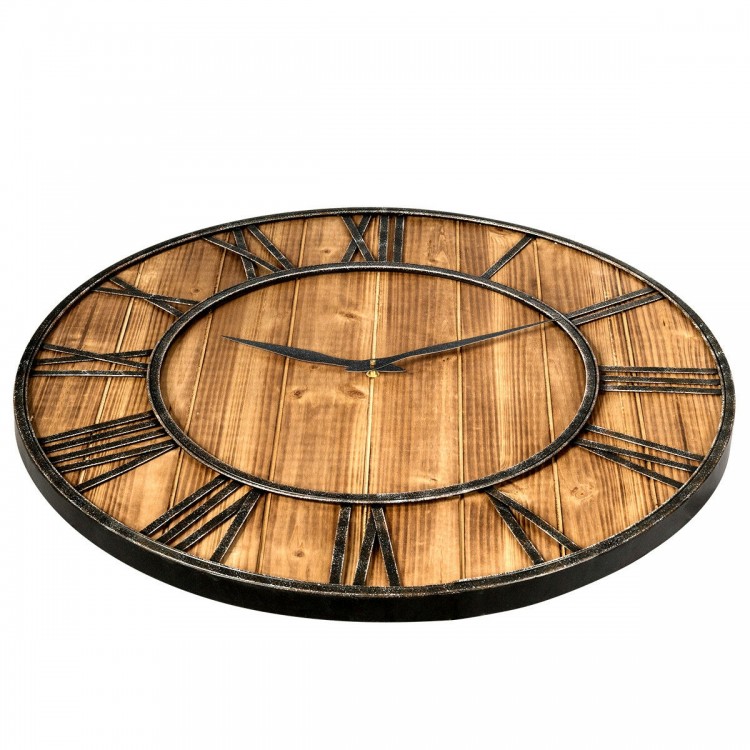 27-inch round wall clock with rustic wooden panel and metal Roman numerals, perfect for living room or office decor.