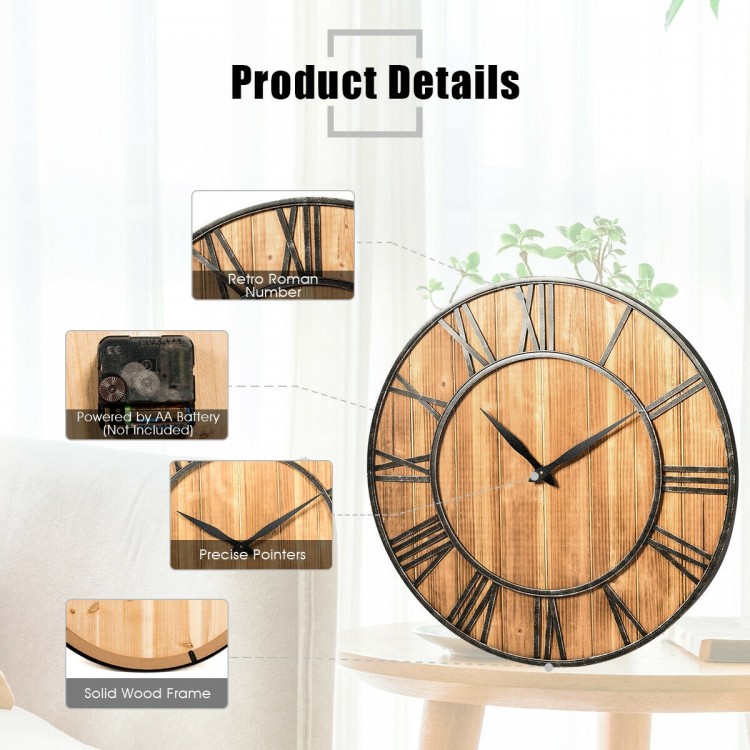 27-inch round wall clock with rustic wood panel and metal Roman numbers, perfect for living room or office decor.