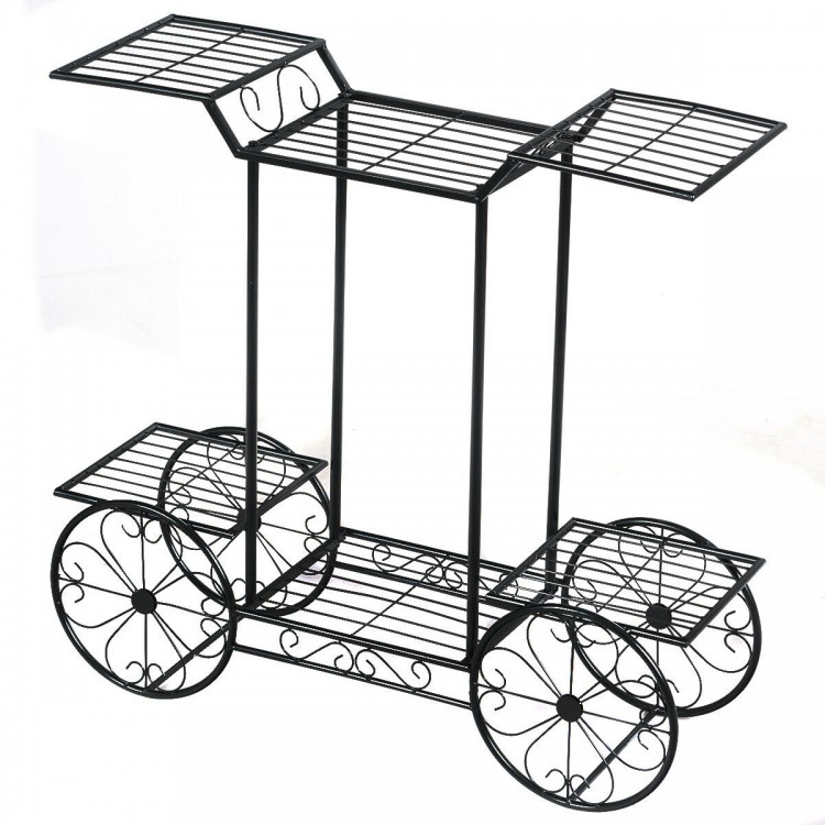 Stylish 6-tier garden cart flower rack in black metal, offering ample space for plants, perfect for balcony or patio.
