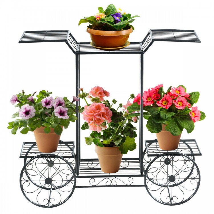 6-tier garden cart plant holder with vibrant flowers, suitable for indoor or outdoor decor and easy to transport.