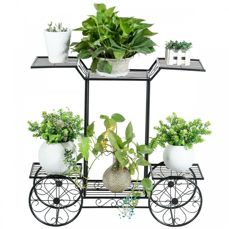 6-tier garden cart flower rack in black metal, perfect for displaying plants indoors or outdoors on patios and.