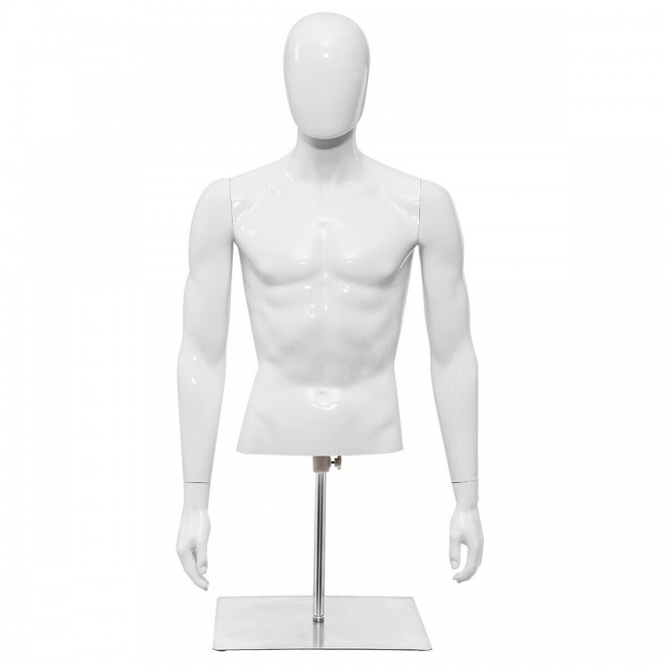 Male half body mannequin with adjustable metal base, ideal for displaying T-shirts and jackets in retail settings.