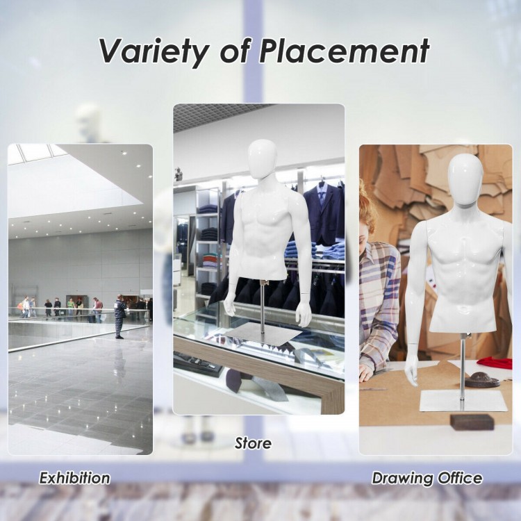 Half body male mannequin with adjustable metal base, ideal for displaying T-shirts and jackets in stores or exhibitions.