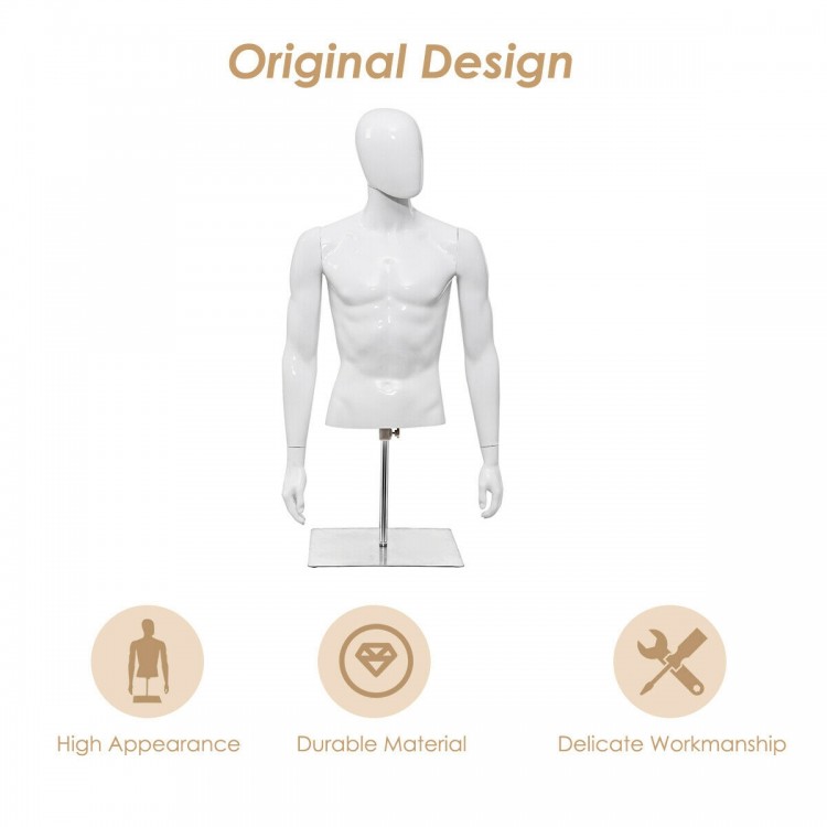 Male half body mannequin with adjustable metal base, made of durable plastic, ideal for displaying shirts and jackets.