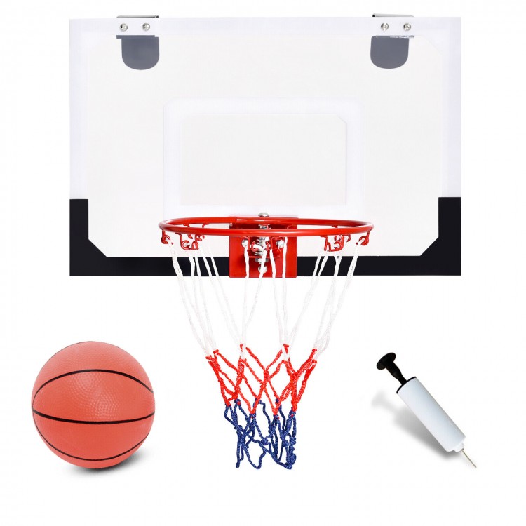Over-the-door mini basketball hoop with 18" shatterproof backboard, includes rubber basketball and two nylon nets.