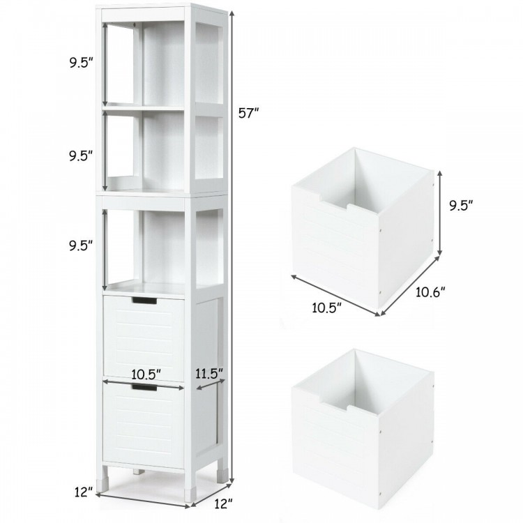 5-tier multifunctional white bathroom storage cabinet with 2 drawers, ideal for organizing small items in any room.