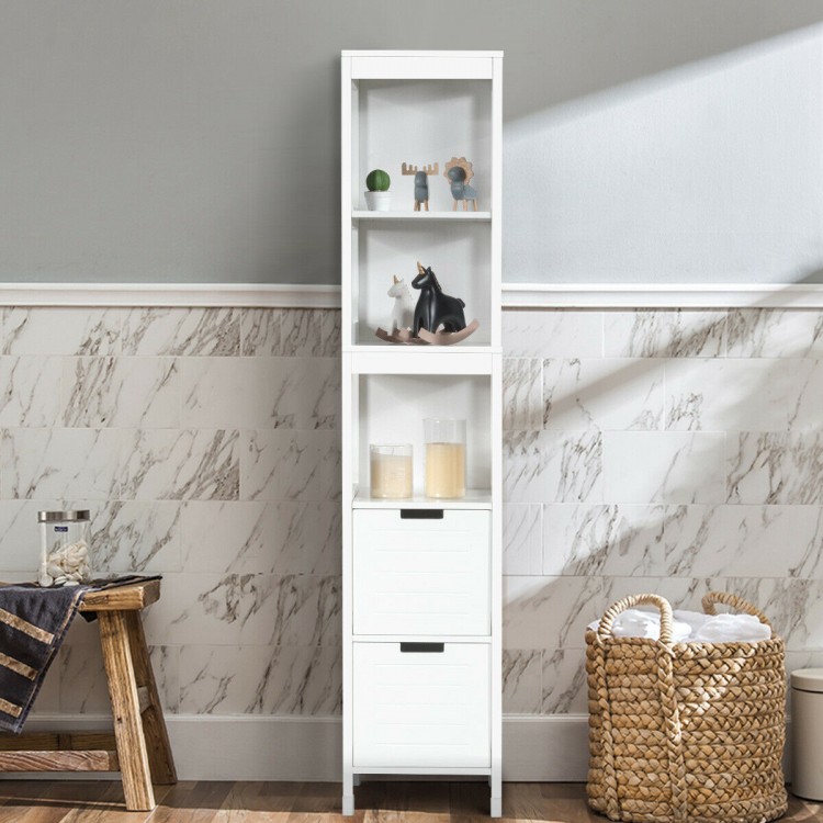 5-tier white multifunctional bathroom storage cabinet with 2 drawers, perfect for organizing small items in any room.