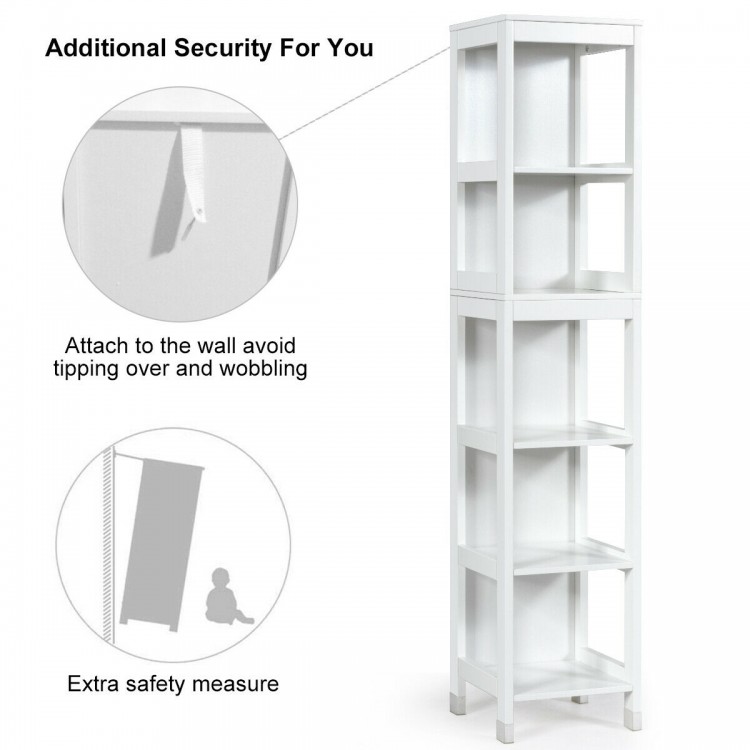 5-tier white multifunctional bathroom storage cabinet with 2 drawers, featuring anti-toppling design for safety.