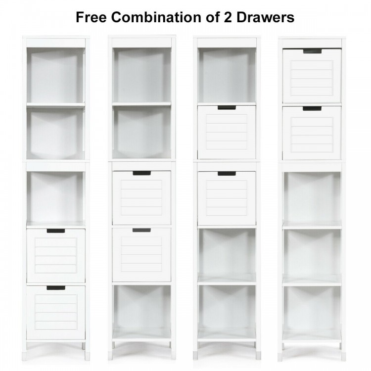 5-tier multifunctional bathroom storage cabinet in white with 2 adjustable drawers for organized space-saving.