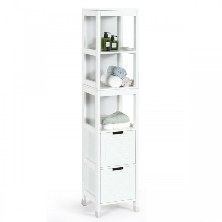 5-tier white multifunctional bathroom storage cabinet with 2 drawers, ideal for organizing towels and small items.