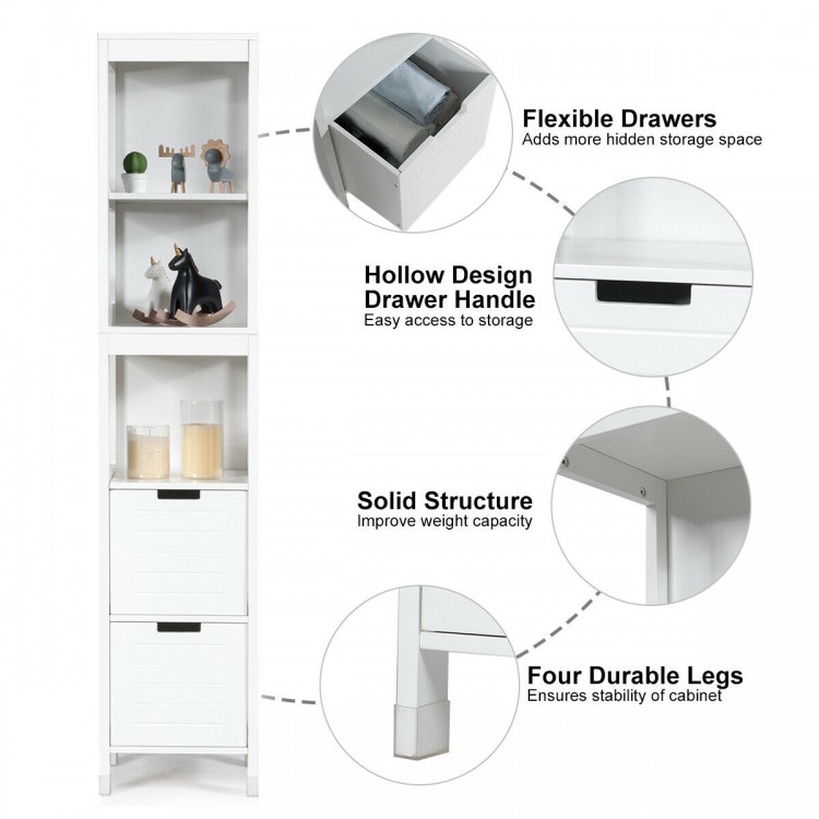 5-tier multifunctional bathroom storage cabinet with two drawers, made of waterproof P2 MDF for organized small items.