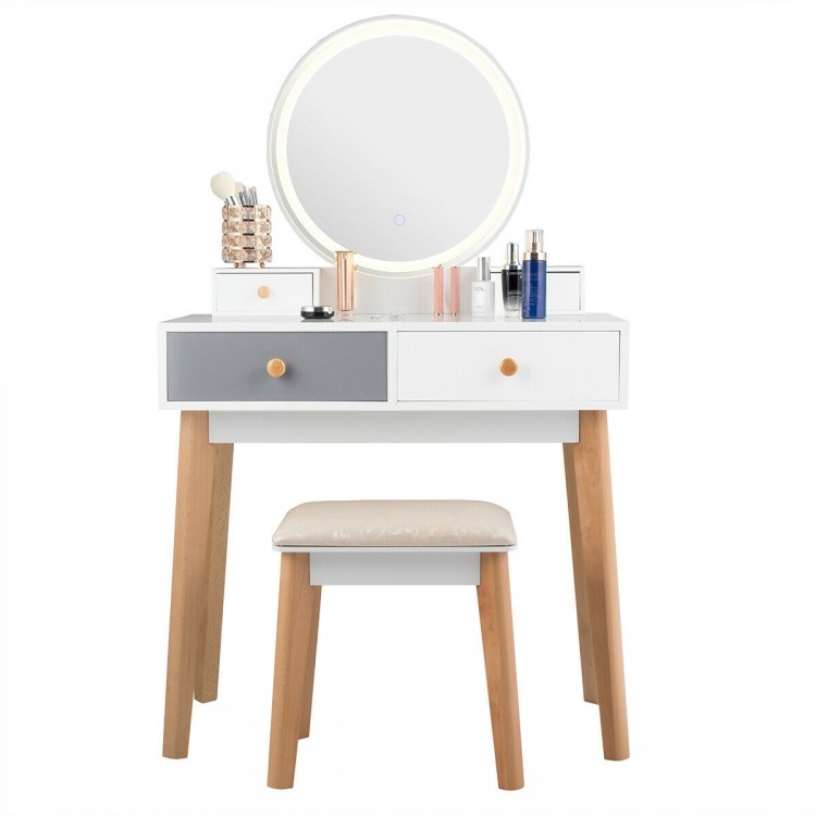 Elegant white makeup dressing table with smooth MDF surface and four drawers, featuring a round lighted mirror for.