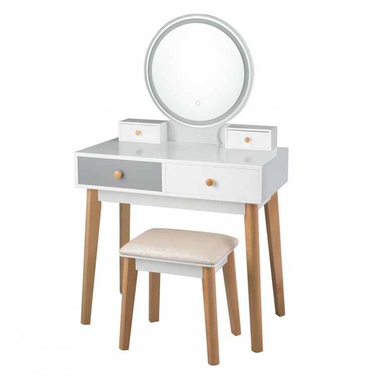 Makeup dressing table in white with round mirror, 4 drawers, and solid beech wood legs, ideal for bedroom or living.