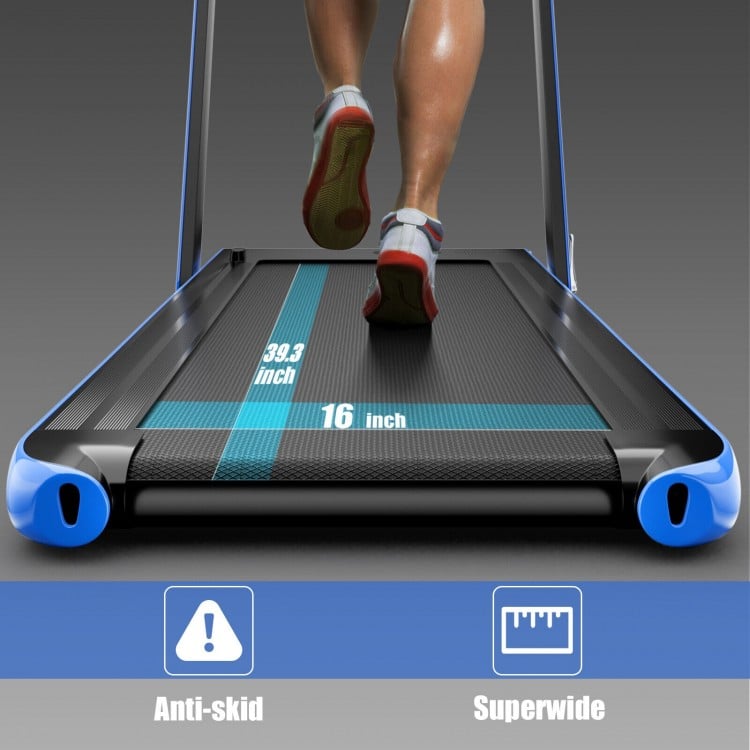 Close-up of the 2.25HP 2-in-1 folding treadmill's anti-skid running belt, measuring 39.3 inches wide for optimal safety.