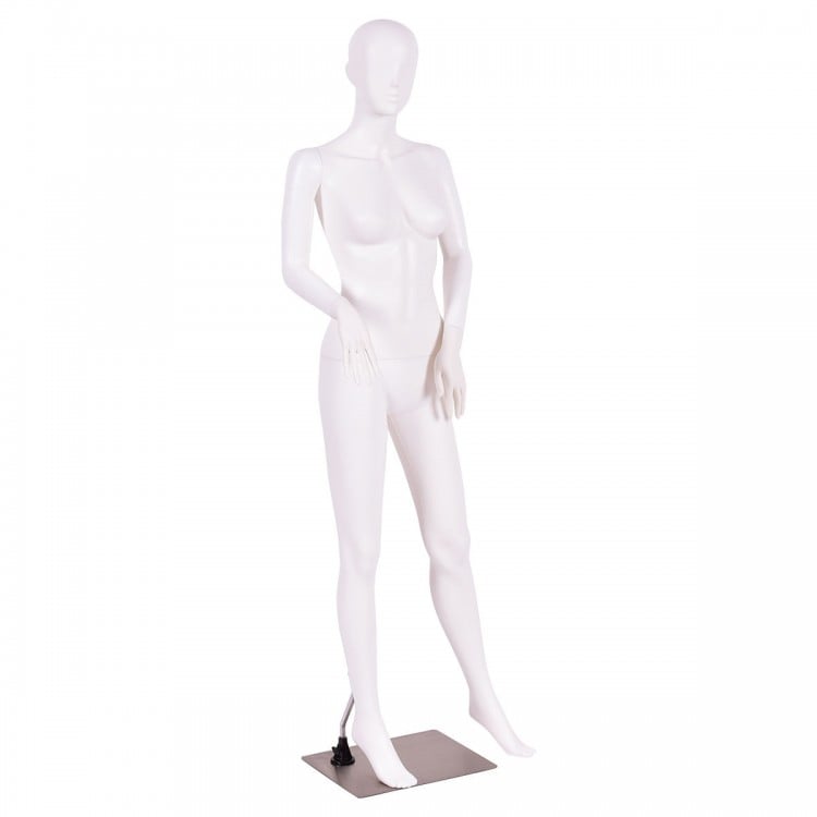 5.8 feet female mannequin in a hands-on-waist pose, featuring a detachable torso and stable rectangular iron base.