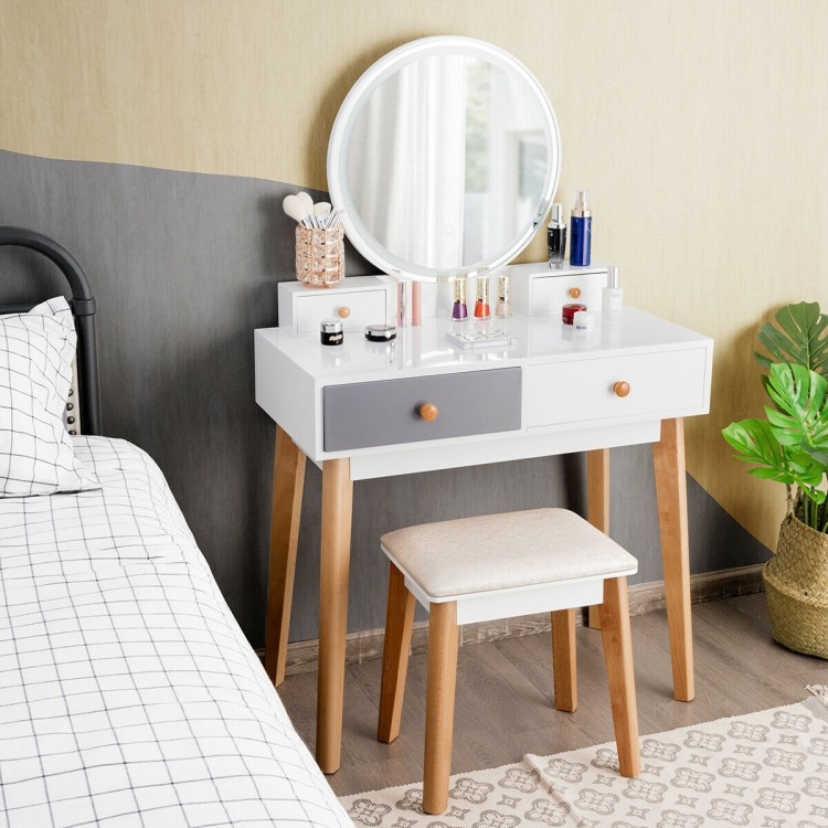 Makeup dressing table in white with round mirror, 4 drawers, and solid beech wood legs, ideal for bedroom decor.