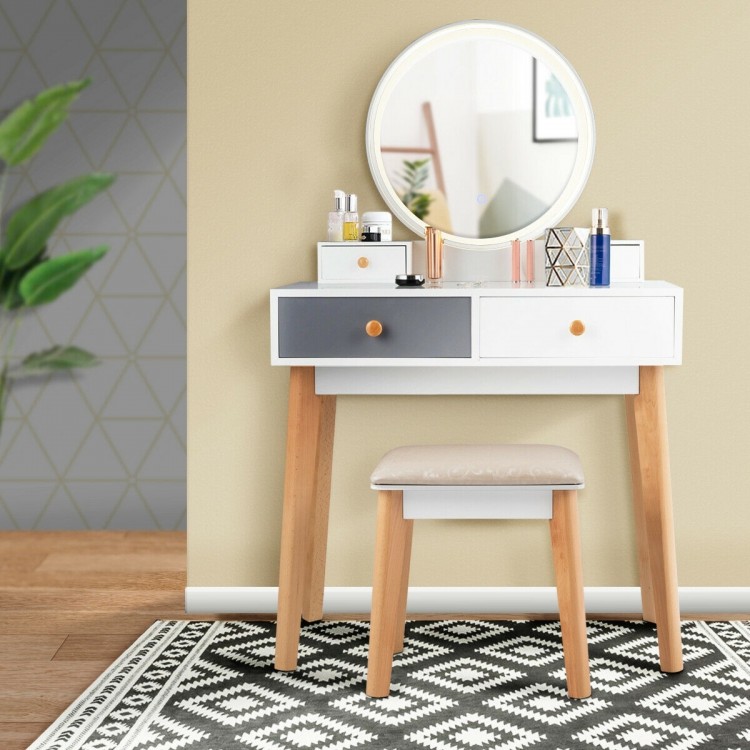 Makeup dressing table with round mirror, 4 drawers, and solid beech wood legs, ideal for bedroom or living room use.