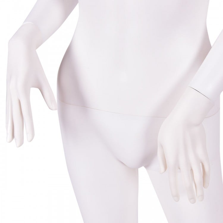 5.8 feet female mannequin with hands on waist, made of durable plastic and aluminum, ideal for displaying fashion.