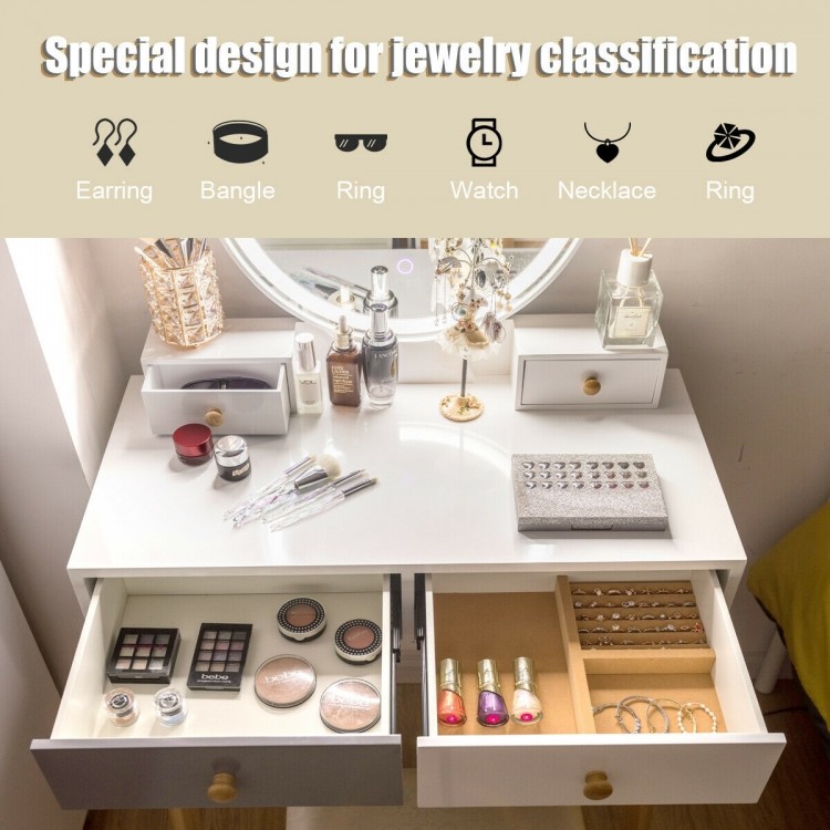 Makeup dressing table in white with lighted mirror, 4 drawers, and organized compartments for jewelry storage.