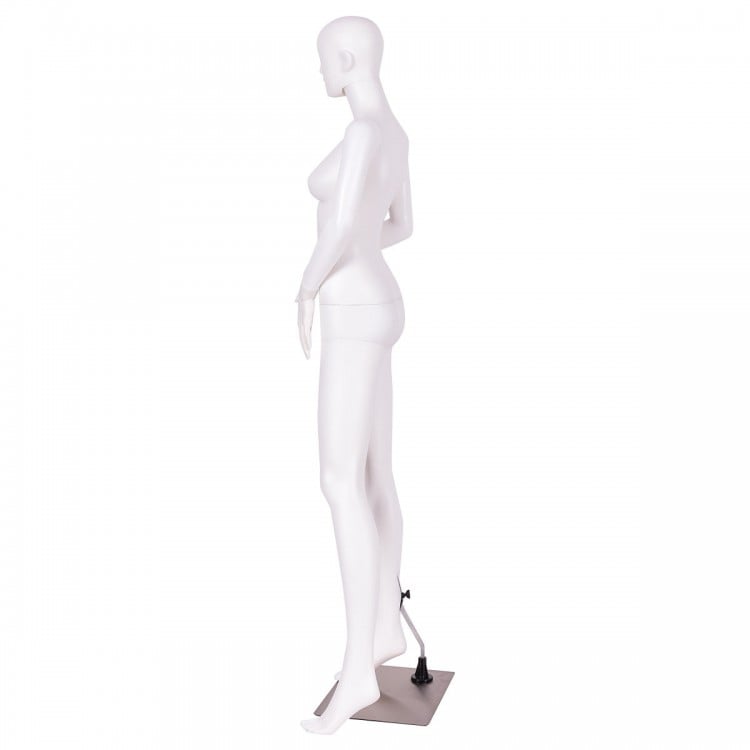 5.8 feet female mannequin in a hands-on-waist pose, made of durable plastic and aluminum, ideal for fashion displays.