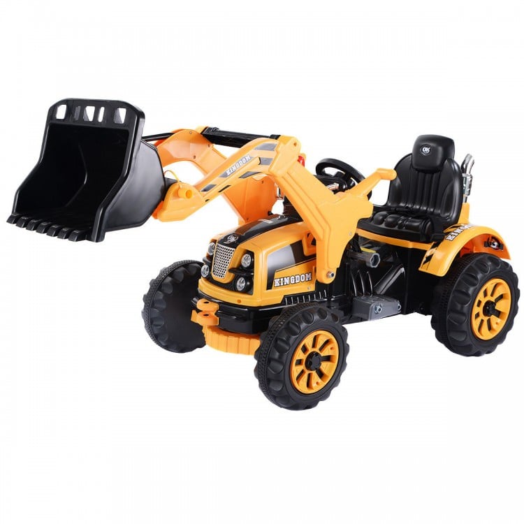 Kids ride-on dumper truck in yellow with working front loader, spacious seat, and safety belt for ages 3 to 8.