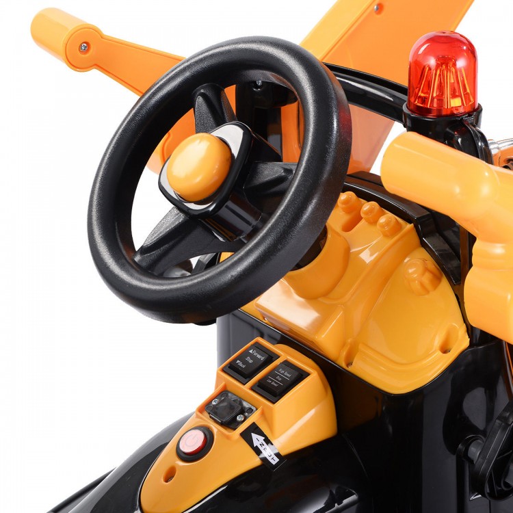 Close-up of the steering wheel and controls of the yellow 12V battery-powered kids ride-on dumper truck for imaginative.