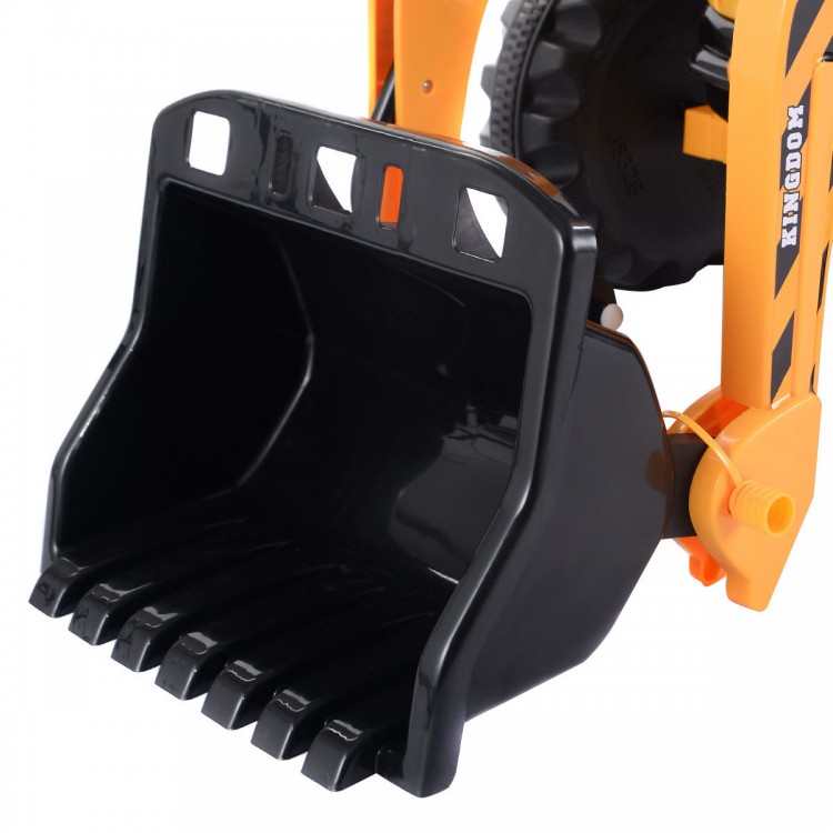 Close-up of the black digger bucket on the 12V battery-powered kids ride-on dumper truck, ideal for outdoor play.
