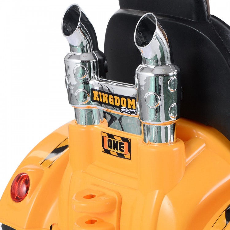 Close-up of the chrome exhaust pipes on the yellow 12V battery-powered kids ride-on dumper truck for imaginative play.