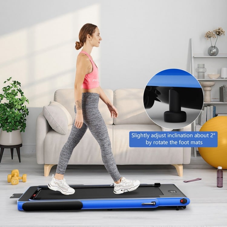 Folding treadmill in use with adjustable incline, featuring a 2.25 HP motor for quiet walking and running at home.