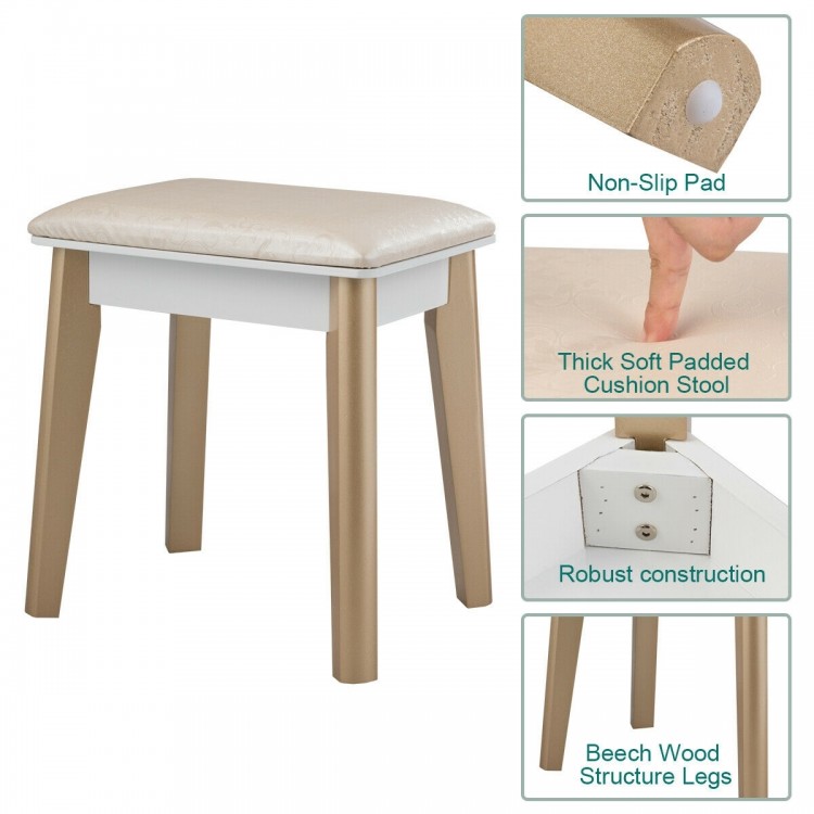 Single padded stool with non-slip pad and beech wood legs, designed for use with a makeup dressing table.