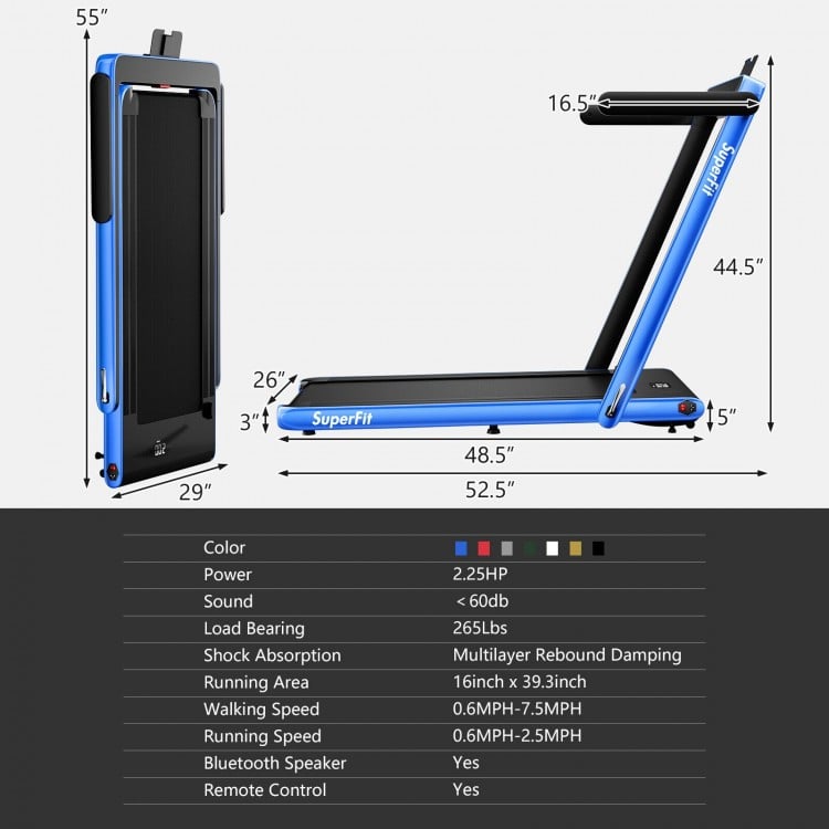 Folding treadmill with 2.25 HP motor, 7-layer shock-absorbing belt, and remote control for home or office use.