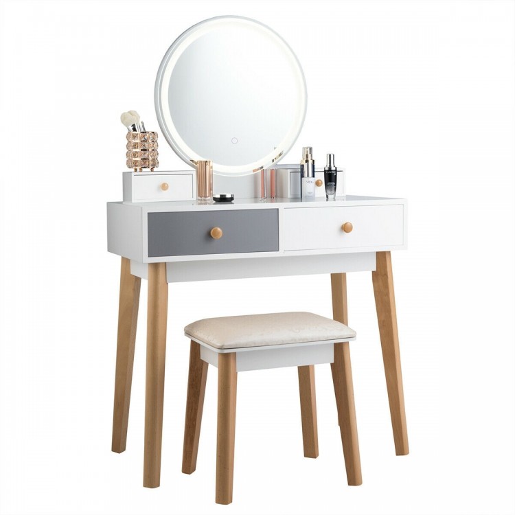 Makeup dressing table with lighted round mirror, 4 drawers, and solid beech wood legs, perfect for bedroom decor.