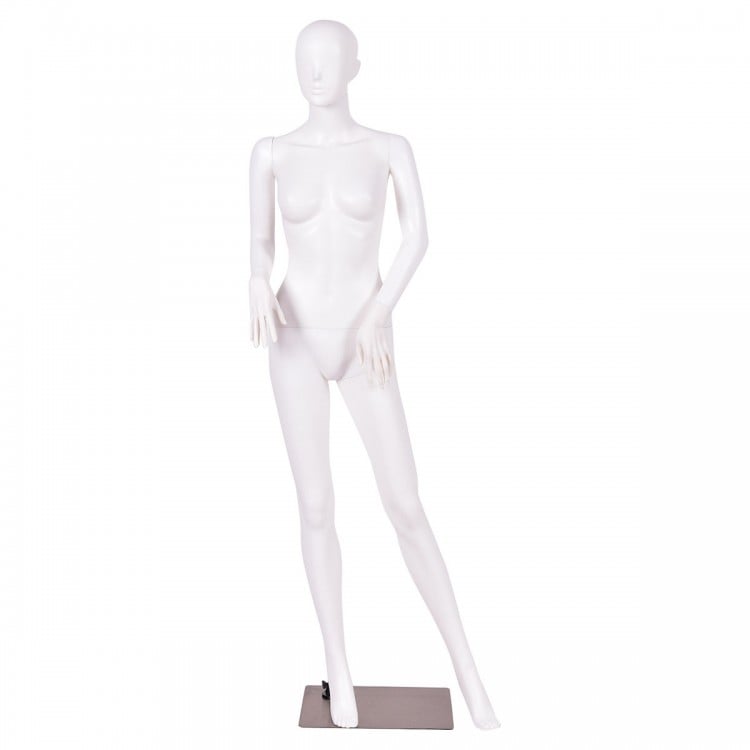 5.8 feet female mannequin with hands on waist, made of durable plastic and aluminum, ideal for showcasing apparel.