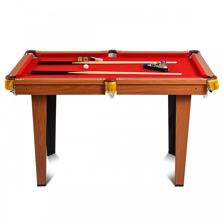 Mini 48-inch pool table with red felt, complete with cues and balls, perfect for kids to learn billiards at home.