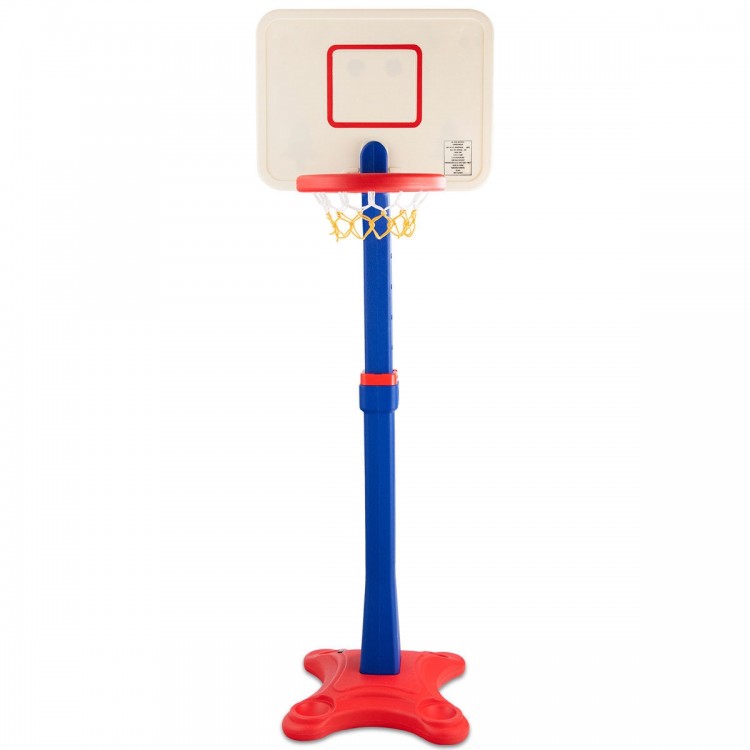 Kids adjustable height basketball hoop stand in bright colors, 65"-85" adjustable, suitable for indoor and outdoor use.