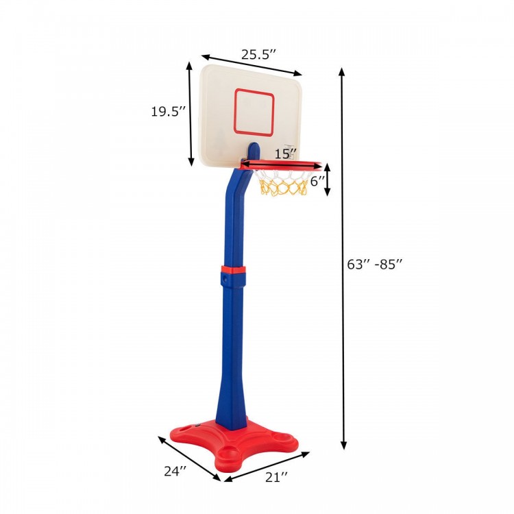 Kids adjustable height basketball hoop stand with a durable HDPE frame, measuring 63" to 85", ideal for indoor and.